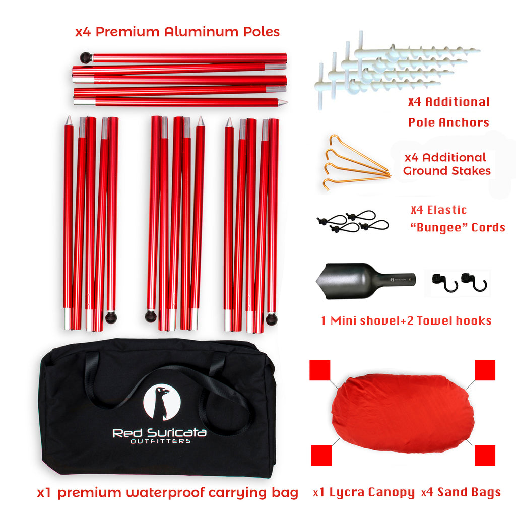 Red Suricata Red Family Beach Sun Shade Canopy Tent Sunshade with sand anchors-Lycra Canopy-Red Suricata