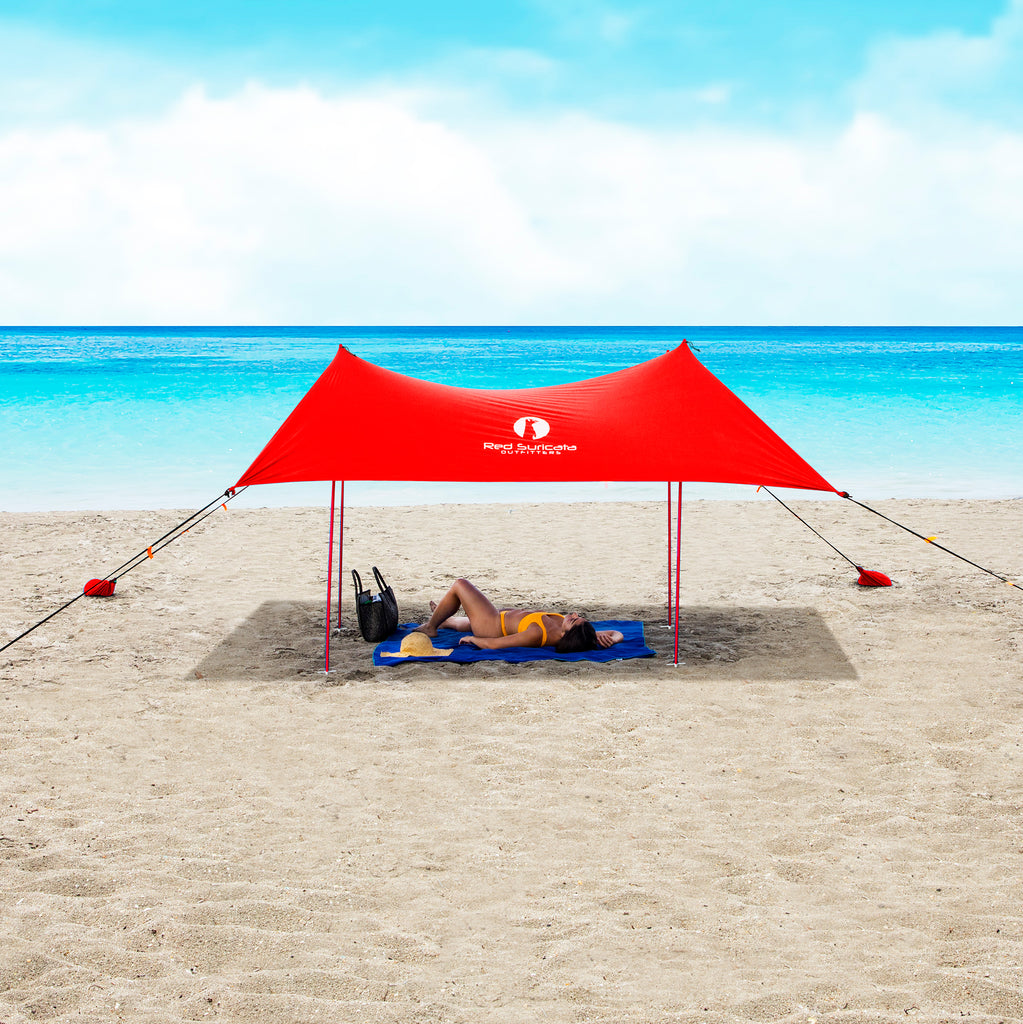 Red Suricata Red Family Beach Sun Shade Canopy Tent Sunshade with sand anchors-Lycra Canopy-Red Suricata