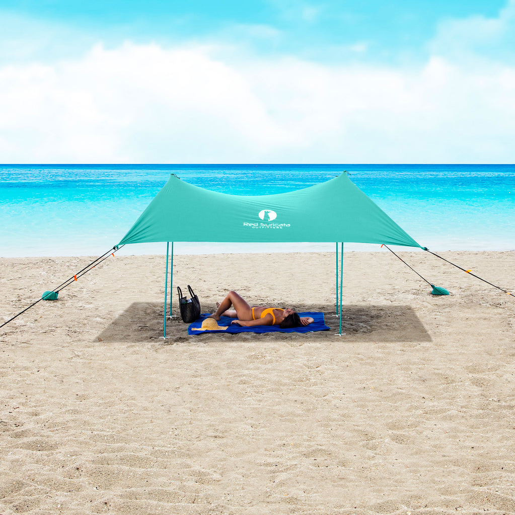 Red Suricata Turquoise Family Beach Sun Shade Canopy Tent Sunshade with sand anchors-Lycra Canopy-Red Suricata