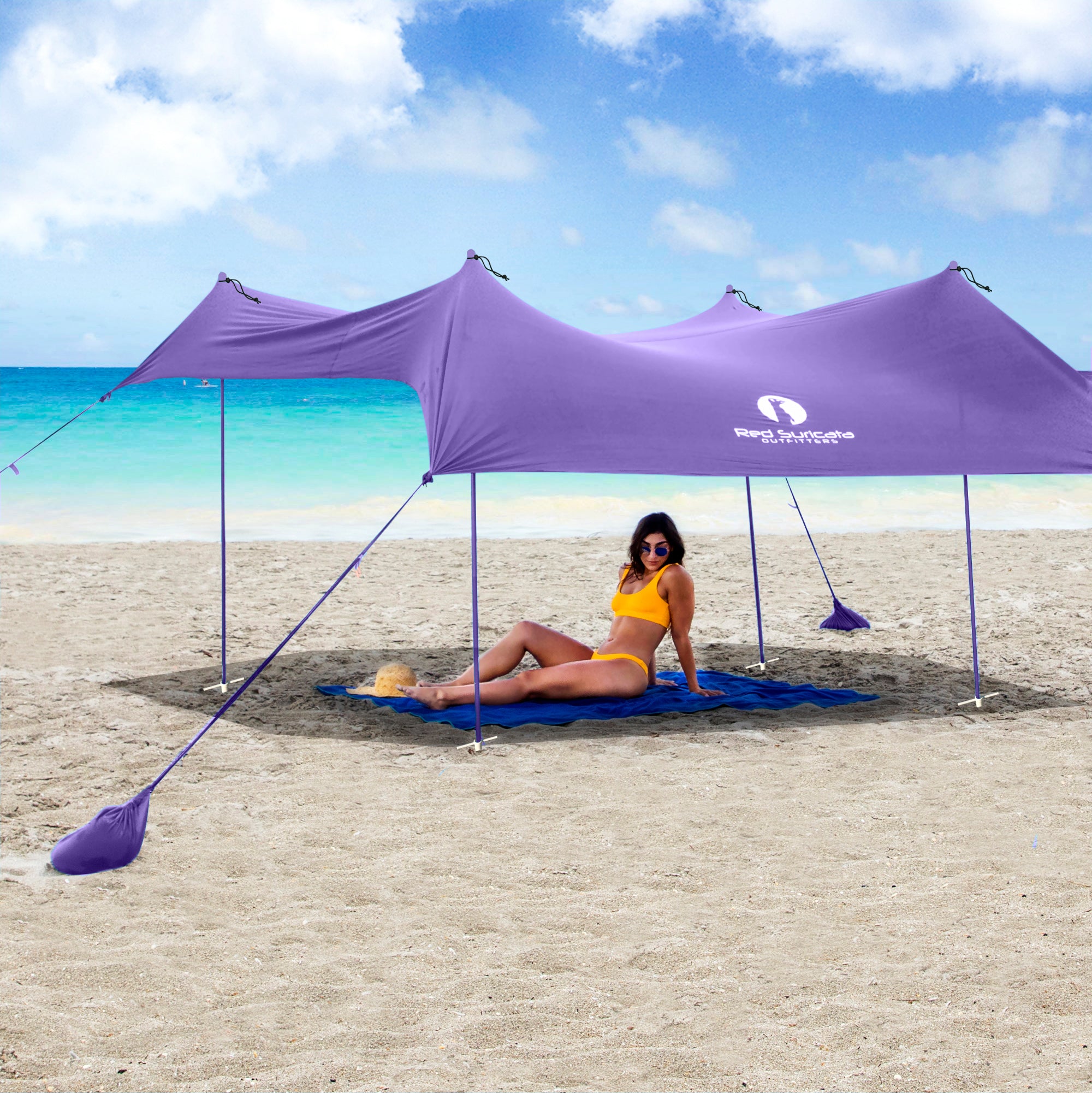 Red Suricata Purple Family Beach Sun Shade Canopy Tent Sunshade with sand anchors-Lycra Canopy-Red Suricata