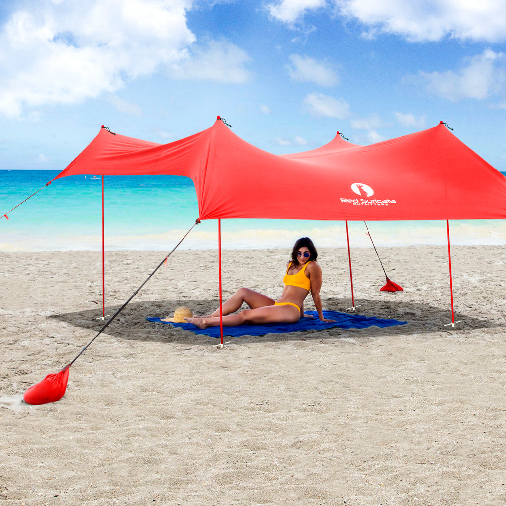 Red Suricata Red Family Beach Sun Shade Canopy Tent Sunshade with sand anchors-Lycra Canopy-Red Suricata