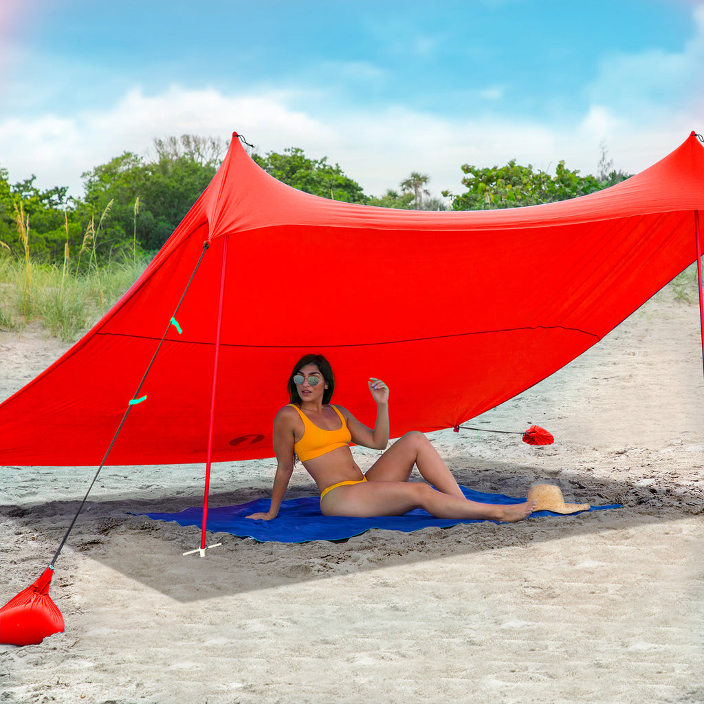 Red Suricata Red Family Beach Sun Shade Canopy Tent Sunshade with sand anchors-Lycra Canopy-Red Suricata