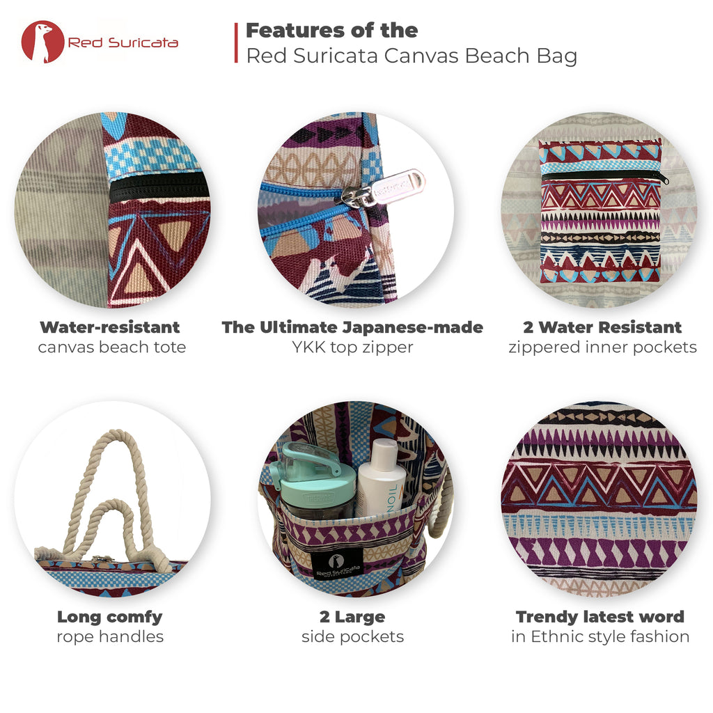 Red Suricata Kiowa Style Large Waterproof Boho Beach Bag with Rope Handles-Bag-Red Suricata