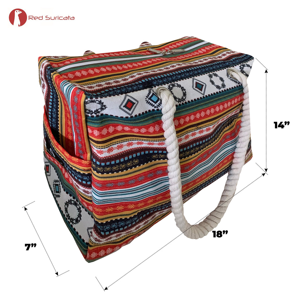 Red Suricata Paiute Style Large Waterproof Boho Beach Bag with Rope Handles-Bag-Red Suricata