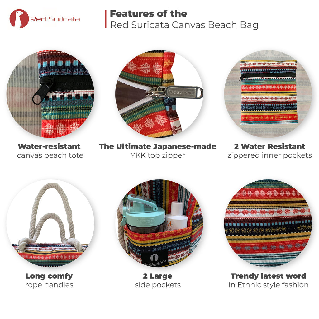 Red Suricata Paiute Style Large Waterproof Boho Beach Bag with Rope Handles-Bag-Red Suricata