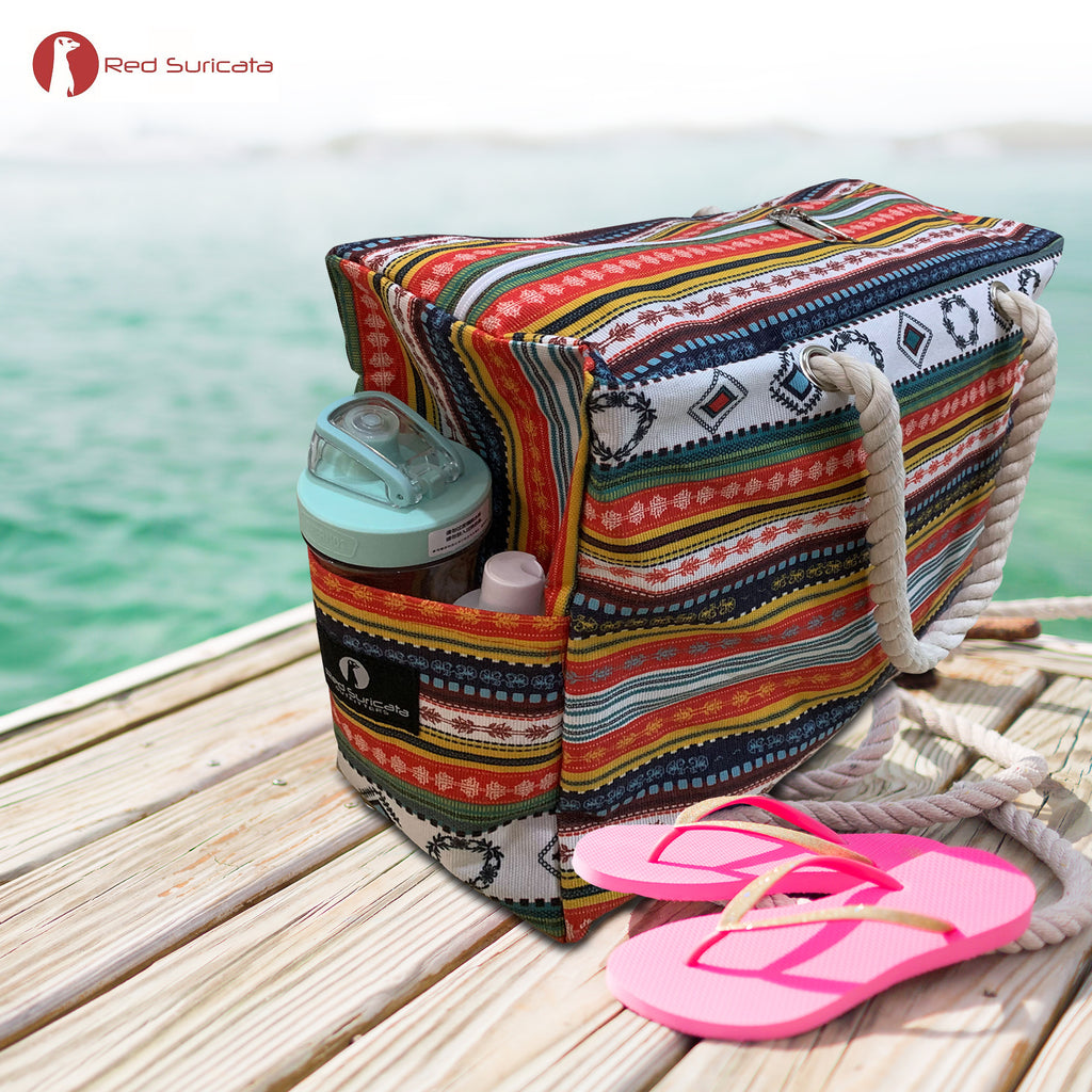 Red Suricata Paiute Style Large Waterproof Boho Beach Bag with Rope Handles-Bag-Red Suricata