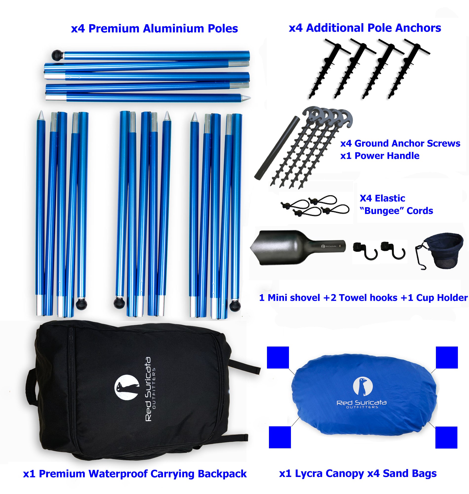 Red Suricata Blue Multi Terrain Sun Shade Canopy Tent Sunshade with sand bags & ground anchor screws