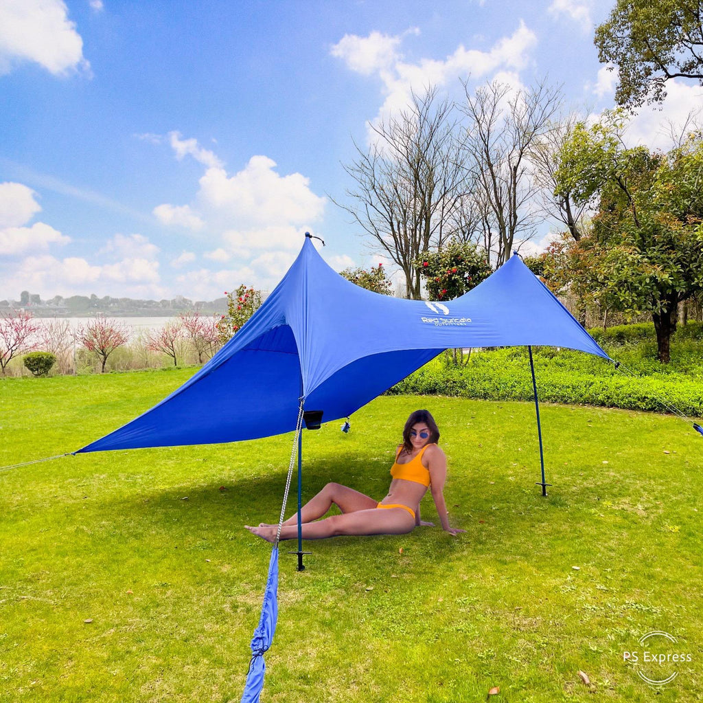 Red Suricata Blue Multi Terrain Sun Shade Canopy Tent Sunshade with sand bags & ground anchor screws