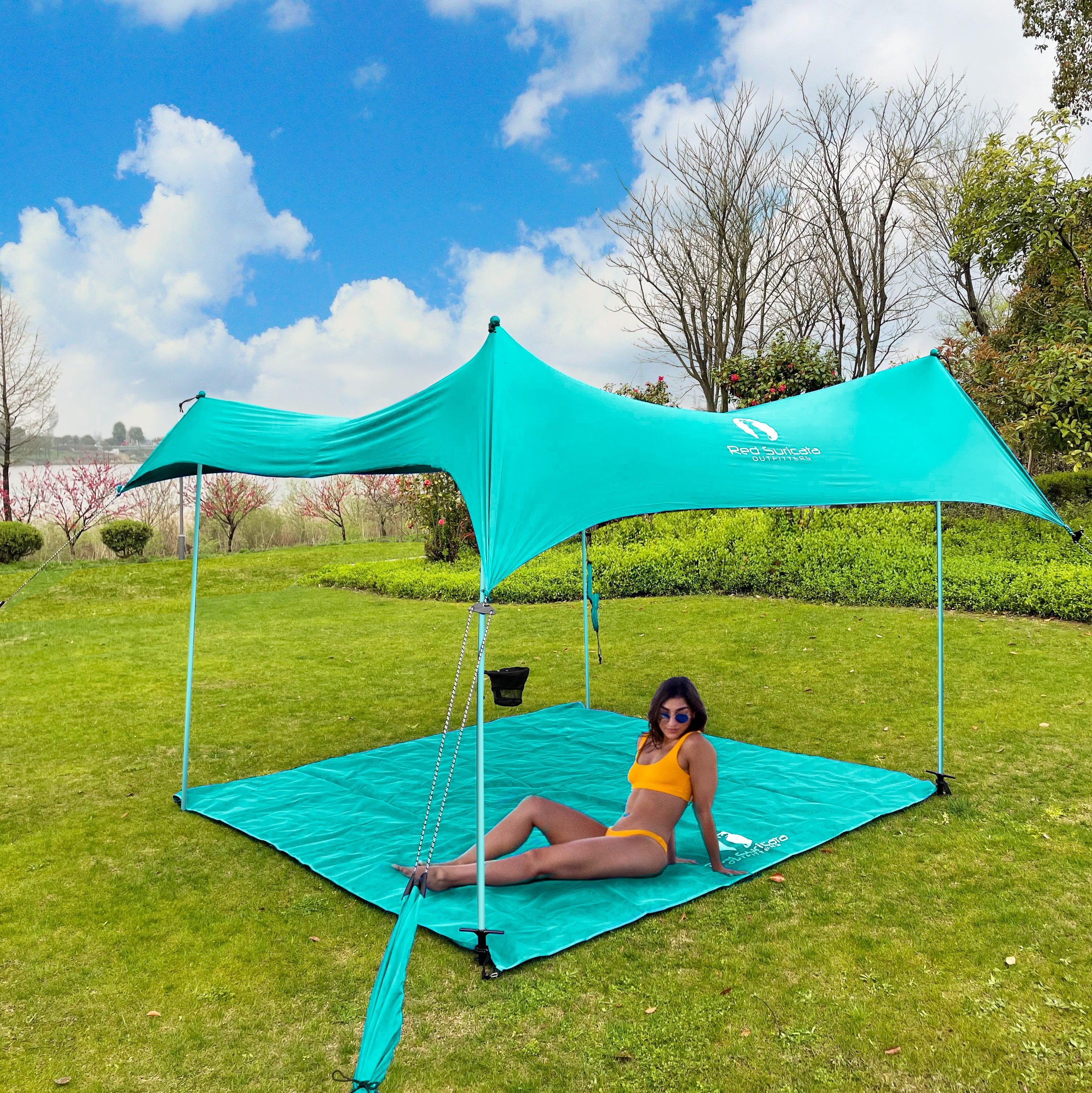 Red Suricata Turquoise Multi Terrain Sun Shade Canopy Tent Sunshade with sand bags & ground anchor screws