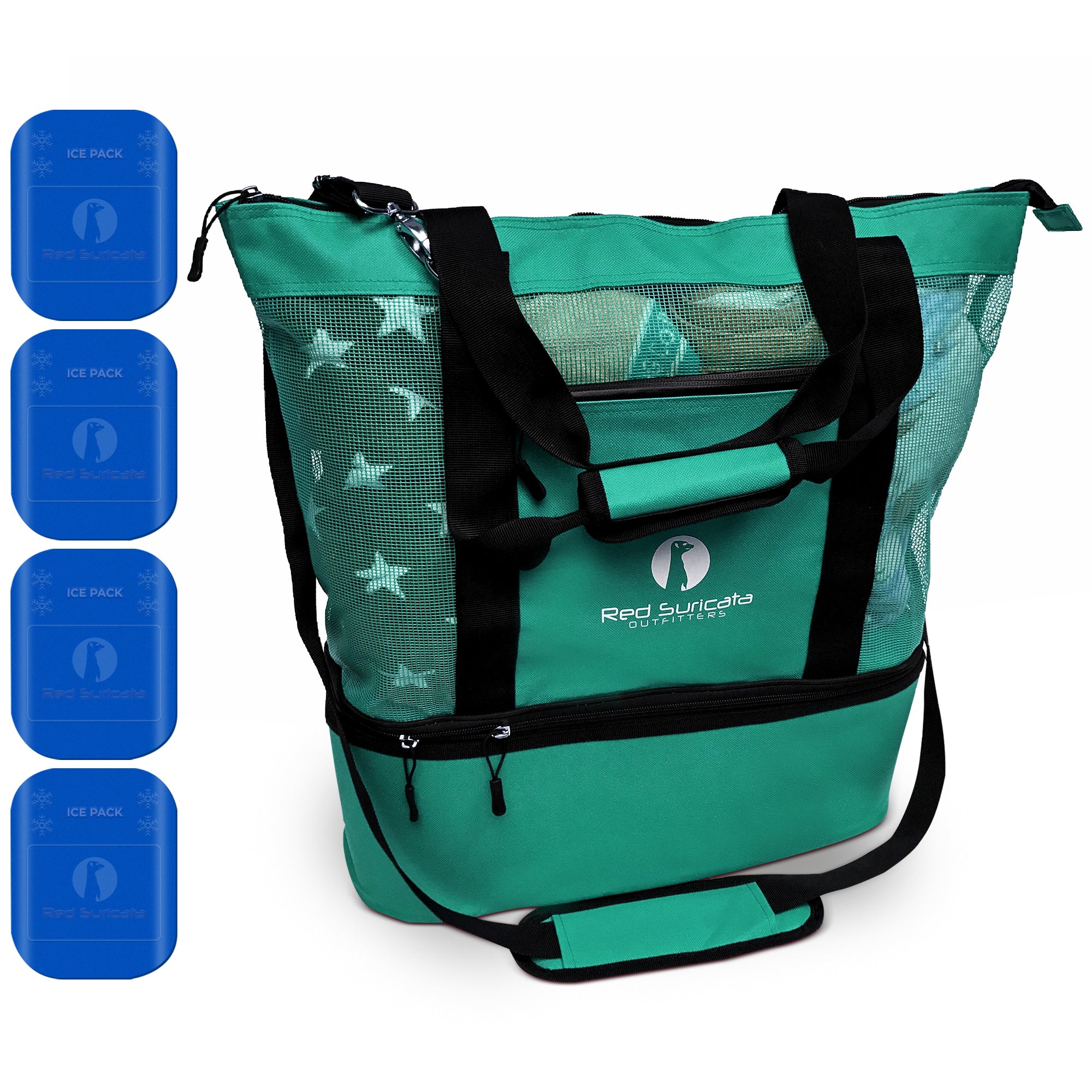Red Suricata Turquoise Combo Mesh Beach Bag Tote & Cooler including 4 ice packs-Bag-Red Suricata