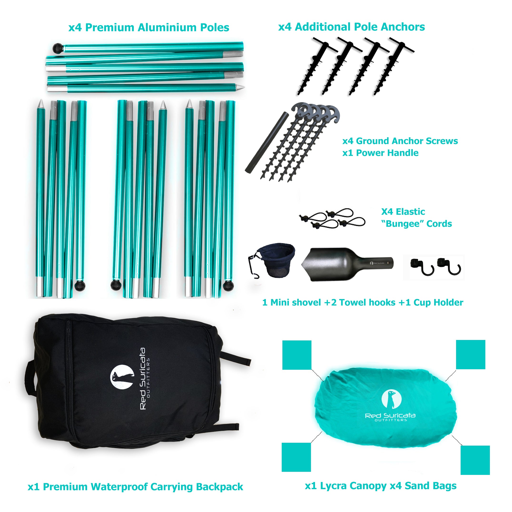 Red Suricata Turquoise Multi Terrain Sun Shade Canopy Tent Sunshade with sand bags & ground anchor screws